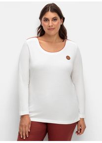 sheego Gro&szlig;e Gr&ouml;&szlig;en Langarmshirt mit Lederimitat-Emblem, wei&szlig;, Gr&ouml;&szlig;e 54 - Damen