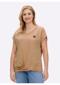 sheego Große Größen Kurzarmshirt Saum in Knoten-Optik, camel, Größe 42 - Damen