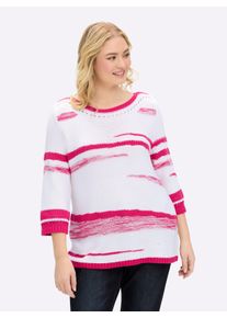sheego Gro&szlig;e Gr&ouml;&szlig;en 3/4 Arm-Pullover mit Lochmuster, wei&szlig;-pink-gemustert, Gr&ouml;&szlig;e 52 - Damen