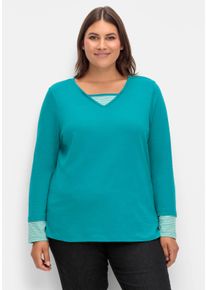 sheego Große Größen Langarmshirt mit garngefärbten Streifen, petrol, Größe 42 - Damen