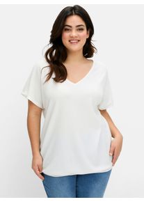 sheego Große Größen V-Shirt aus Struktur-Jersey, mit Gummizugsaum, weiß, Größe 48/50 - Damen