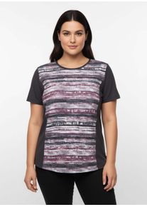 sheego Große Größen Funktionsshirt atmungsaktiv und schnell trocknend, schwarz-hortensie-bedruckt, Größe 52 - Damen