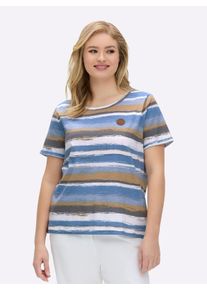 sheego Große Größen Streifenshirt mit Lederimitat-Details, mittelblau-camel-bedruckt, Größe 52 - Damen