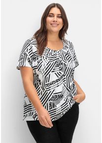 sheego Große Größen Longshirt in A-Form mit Falten, weiß-gemustert, Größe 48 - Damen