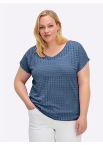 sheego Gro&szlig;e Gr&ouml;&szlig;en Kurzarmshirt mit Lochmuster, jeansblau, Gr&ouml;&szlig;e 48 - Damen