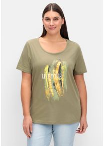 sheego Gro&szlig;e Gr&ouml;&szlig;en Kurzarmshirt mit Glitzer-Print, khaki-limone, Gr&ouml;&szlig;e 44 - Damen