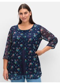 sheego Große Größen Longbluse im Lagenlook mit Chiffon, marine-pink-bedruckt, Größe 52 - Damen