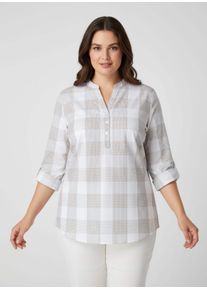 sheego Gro&szlig;e Gr&ouml;&szlig;en Baumwollbluse mit Stehkragen, kariert, taupe-wei&szlig;-kariert, Gr&ouml;&szlig;e 50 - Damen