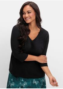 sheego Große Größen 3/4-Arm-Shirt mit V-Ausschnitt, schwarz, Größe 42 - Damen