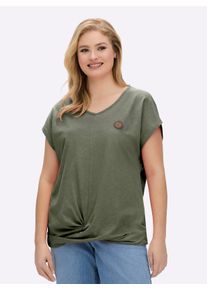 sheego Gro&szlig;e Gr&ouml;&szlig;en Kurzarmshirt Saum in Knoten-Optik, khaki, Gr&ouml;&szlig;e 52 - Damen