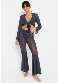 Langarmshirt LSCN BY LASCANA, Damen, Gr. 46, grau (anthrazit), Netz, Obermaterial: 95% Polyester, 5% Elasthan, unifarben, figurbetont kurz, tiefer V-Ausschnitt, Shirts Langarmshirt