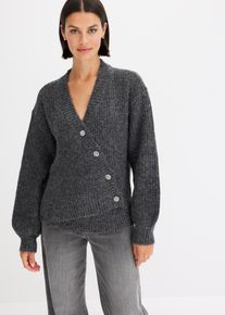bonprix Grobstrickjacke aus weichem Wollmix, grau, Gr.40/42 (M), feminine Strickjacke mit asymmetrischem Verschluss vorne und dekorativen Strass-Kn&ouml;pfen