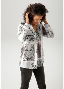 Schlupfbluse Aniston CASUAL, Damen, Gr. 40, schwarz (wollwei&szlig;, schwarz, taupe, hellblau), Web, Obermaterial: 100% Viskose, bedruckt, gebl&uuml;mt, l&auml;ssig geschnitten Po-bedeckend, V-Ausschnitt, 1-Knopf-Manschette, Blusen Schlupfbluse, im extravaganten Patch-Druck-Dessin, Topseller