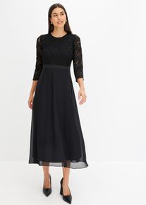 bonprix Midikleid aus leichtem Chiffon mit Spitzen-Oberteil, schwarz, Gr.44, Romantisch und feminin: Ausgestelltes Midikleid aus leichtem Chiffon mit Futter und Spitze im Oberteil