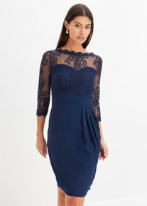 bonprix Minikleid mit Spitze, blau, Gr.32, Minikleid mit drapiertem Rock und Spitze im Oberteil mit einer Muschelkante am Ausschnitt und and den &Auml;rmeln