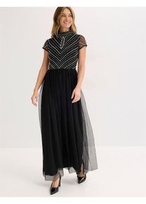 bonprix Maxikleid mit Perlenstickerei, schwarz, Gr.42, Moder und feminin: Abendkleid aus zartem T&uuml;ll mit Keyhole-Ausschnitt und Perlenstickerei im Oberteil