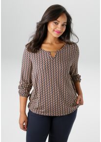 Langarmshirt ANISTON PLUS, Damen, Gr. 50, blau (marine, braun, beige), Single Jersey, Obermaterial: 95% Viskose, 5% Elasthan, bedruckt, gemustert, figurumspielend Po-bedeckend, Rundhals, elastischer Bund mit Gummizug, Shirts Langarmshirt, mit silberfarbenem Schmuckst&auml;bchen