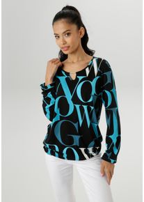 Langarmshirt Aniston SELECTED, Damen, Gr. 44, bunt (schwarz, t&uuml;rkis, petrol, wei&szlig;), Single Jersey, Obermaterial: 95% Viskose, 5% Elasthan, figurumspielend h&uuml;ftbedeckend, Rundhals, elastischer Bund mit Gummizug, Shirts Langarmshirt, mit Cut-out und trendy Buchstabendruck, Topseller