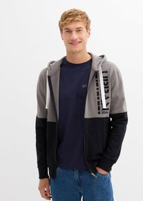 bonprix Kapuzen-Sweatjacke aus reiner Bio-Baumwolle, grau, Gr.52/54 (L), Moderne Kapuzen Sweatjacke mit Druck vorne, aus 100% Baumwolle