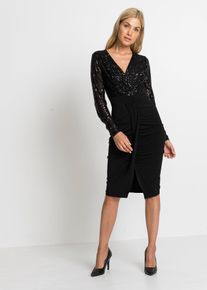 bonprix Jerseykleid mit Pailletten und Drapierung, schwarz, Gr.44/46 (L), Feminin und festlich: Pailletten-Kleid mit Raffung und Sch&uuml;rzen-Drapierung am Rock
