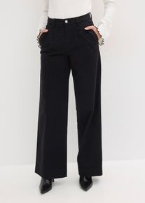 bonprix Wide-Leg Bundfalten-Hose mit Bequembund, schwarz, Gr.54, Mit hohem Bund, 98% Baumwolle (organic)
