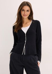 bonprix Ripp-Strickjacke aus Viskose-Mix, schwarz, Gr.40/42 (M), Moderne Strickjacke mit angesagtem Kontrast-Piping und hochwertigen Kn&ouml;pfen, aus Viskose