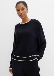 bonprix Feinstrickpullover aus Viskose-Mix, schwarz, Gr.40/42 (M), Strickpullover mit kontrastierenden B&uuml;ndchen, aus Viskose