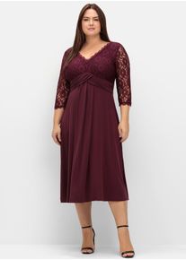 Abendkleid sheego "Abendkleid", Damen, Gr. 58, Normalgr&ouml;&szlig;en, rot (burgund), 95% Polyester, 5% Elasthan, unifarben, wadenlang, V-Ausschnitt, Kleider Abendkleid