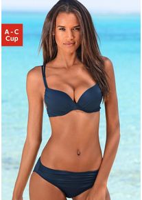 Push-Up-Bikini s.Oliver, Damen, Gr. 40, Cup C, blau (dunkelblau), Microfaser, Polyamid, unifarben, Bikini-Sets Push-Up-Bikini, mit Zierring an der Hose
