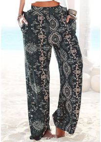 Strandhose Lascana, Damen, Gr. 44, N-Gr, schwarz (schwarz, bedruckt), Jersey, Obermaterial: 100% Viskose, bedruckt, figurumspielend lang, Hosen Strandhose, mit Ethnoprint und Taschen, Wide-Leg, Marlenehose, Topseller