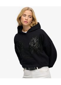 Superdry Damen Baumwolle Paillette &Uuml;bergro&szlig;er Kapuzenpullover Mit Tattoo-Verzierung, Schwarz & Silber - Gr&ouml;&szlig;e: 44 210262250186102A025
