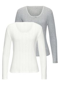 Langarmshirt Vivance, Damen, Gr. 48/50, grau (grau meliert, creme), Obermaterial: 100% Baumwolle, unifarben, k&ouml;rpernah, Rundhals, Shirts Langarmshirt, aus feiner Pointelle-Ware mit Spitze, reine Baumwolle, Topseller