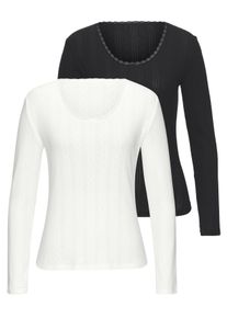 Langarmshirt Vivance, Damen, Gr. 48/50, schwarz-wei&szlig; (schwarz, creme), Obermaterial: 100% Baumwolle, unifarben, k&ouml;rpernah, Rundhals, Shirts Langarmshirt, aus feiner Pointelle-Ware mit Spitze, reine Baumwolle, Topseller