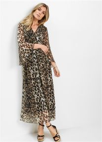 bonprix Maxikleid mit Leo-Druck, beige, Gr.50, Modisches Chiffon-Maxikleid mit Bindeband