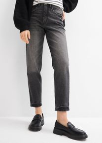 bonprix Mom Jeans High Waist Low Stretch cropped, schwarz, Gr.50, Mom Jeans mit hohem Bund aus einem festen Baumwolldenim, der sich zun&auml;chst etwas steif anf&uuml;hlt und durch h&auml;ufiges Tragen weicher und lockerer wird., 99% Baumwolle