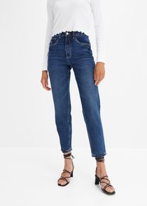 bonprix Mom Jeans High Waist Low Stretch cropped, blau, Gr.52, Mom Jeans mit hohem Bund aus einem festen Baumwolldenim, der sich zun&auml;chst etwas steif anf&uuml;hlt und durch h&auml;ufiges Tragen weicher und lockerer wird., 99% Baumwolle