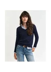 Gant f&uuml;r Damen. 4800400 Pullover mit V-Ausschnitt aus navyfarbenem Feinstrick (L), L&auml;ssig, Bio-Baumwolle, Nachhaltig, Marine