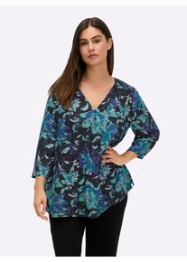 sheego Gro&szlig;e Gr&ouml;&szlig;en Tunika in A-Form, mit Smokdetails, tiefblau-bedruckt, Gr&ouml;&szlig;e 50 - Damen