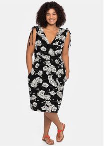 sheego Gro&szlig;e Gr&ouml;&szlig;en Strandkleid mit Blumenprint, in Wickeloptik, schwarz-wei&szlig;, Gr&ouml;&szlig;e 54 - Damen