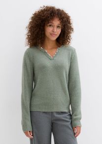 bonprix Pullover mit Spitzeneinsatz, gr&uuml;n, Gr.40/42 (M), weicher Pullover mit Spitzendetails