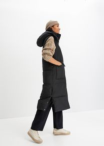 bonprix Wattierte Steppweste mit abnehmbarer Kapuze, schwarz, Gr.52, Lange Steppweste mit aufgesetzten Taschen