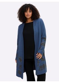 sheego Gro&szlig;e Gr&ouml;&szlig;en Jacquardstrickjacke mit Bl&uuml;tenmuster, jeansblau-graphit-gemustert, Gr&ouml;&szlig;e 56/58 - Damen