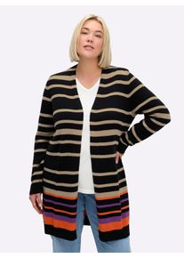 sheego Gro&szlig;e Gr&ouml;&szlig;en Longstrickjacke mit Streifen, schwarz-beige-gestreift, Gr&ouml;&szlig;e 48/50 - Damen