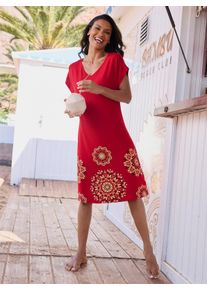 feel good sheego Gro&szlig;e Gr&ouml;&szlig;en Sommerkleid mit platziertem Druck am Saum, rot-schwarz, Gr&ouml;&szlig;e 44/46 - Damen