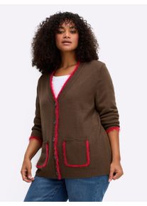 sheego Gro&szlig;e Gr&ouml;&szlig;en Strickjacke mit Flauschgarn-Kanten, schoko-kirsche, Gr&ouml;&szlig;e 44/46 - Damen