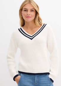 bonprix Pullover aus Viskosemix, wei&szlig;, Gr.48/50 (XL), lockerer Pullover mit V-Auschnitt und &uuml;berschnittenen Schultern
