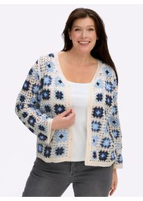 sheego Gro&szlig;e Gr&ouml;&szlig;en Strickjacke in H&auml;kel-Optik, ecru-jeansblau, Gr&ouml;&szlig;e 52/54 - Damen