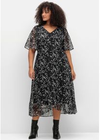 sheego Gro&szlig;e Gr&ouml;&szlig;en Chiffonkleid mit Blumendruck und Volant am Saum, schwarz-wei&szlig; gemustert, Gr&ouml;&szlig;e 56 - Damen