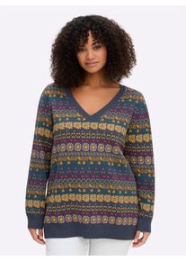 sheego Gro&szlig;e Gr&ouml;&szlig;en Pullover im Jacquard-Muster, rauchblau-gemustert, Gr&ouml;&szlig;e 44/46 - Damen