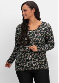 sheego Gro&szlig;e Gr&ouml;&szlig;en Langarmshirt im Blumen-Dessin, schwarz-schilf-bedruckt, Gr&ouml;&szlig;e 44 - Damen